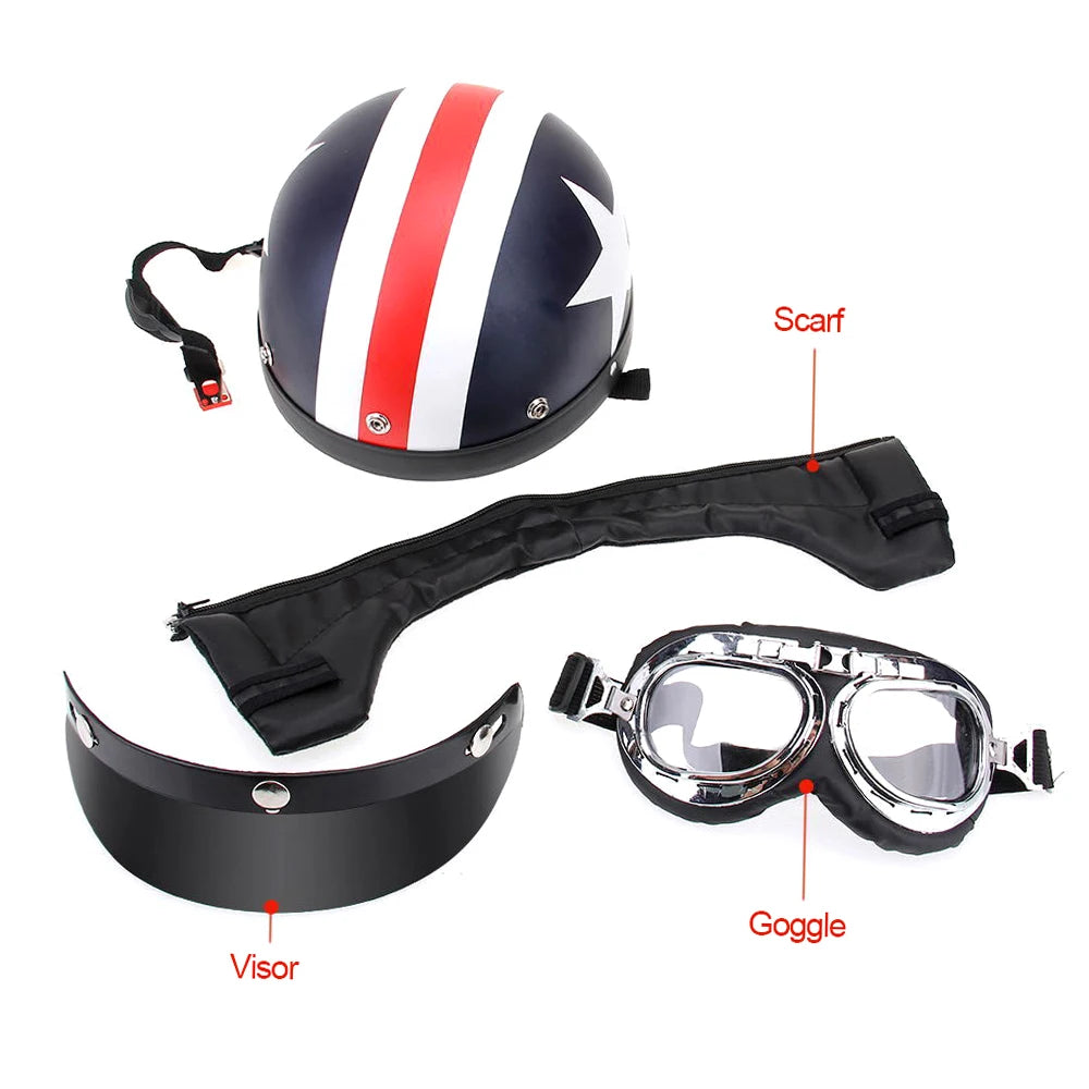 Motorcycle Helmet Half Open Face Retro Vintage Style Moto Casco Capacete Moto Helmet with Visor UV Goggles Motocross Motorbike
